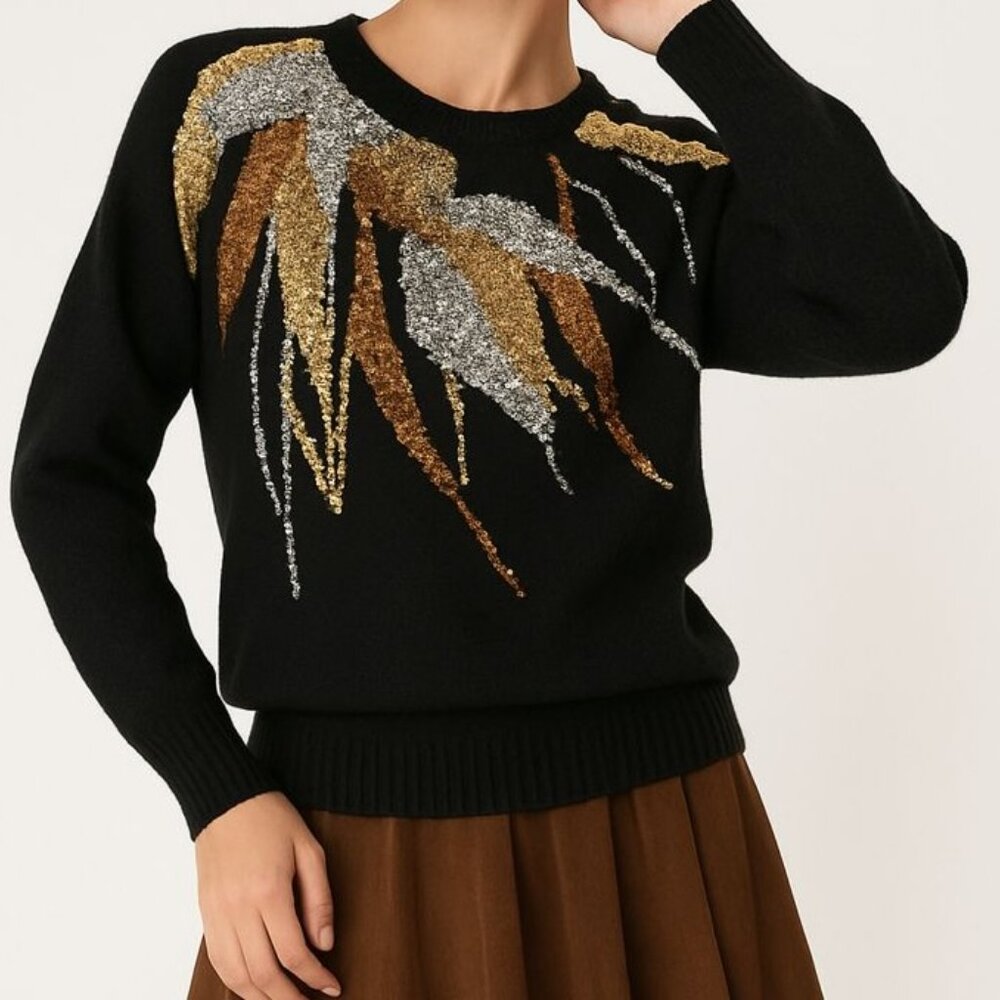 Vintage Silk Angora Wool Sequin Sweater Gold Black Silver Holidays Nye Size M